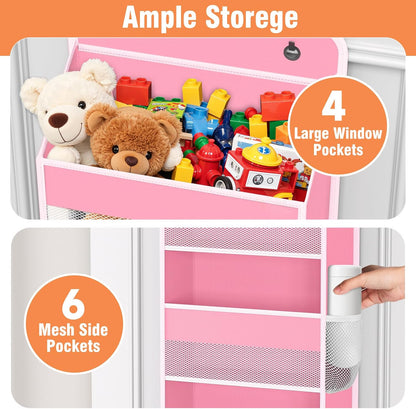 WISELIFE Over The Door Organizer Storage 4 Shelves Large Capacity Hanging Bedroom Storage Solution with 6 Side Pockets for Dorm Bathroom Pantry Nursery and Baby Essentials Holds up to 40 Lbs (Pink)