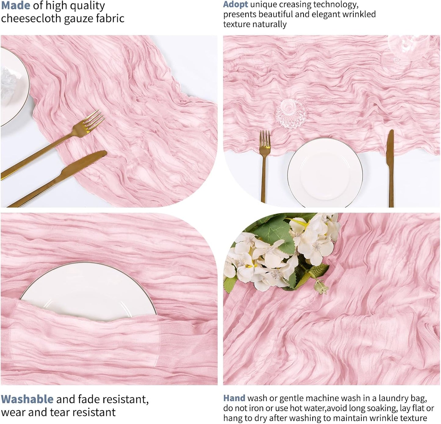 14 Pack Light Pink Cheesecloth Table Runner 17x108 Inch Semi Sheer Boho Gauze Cheese Cloth Fabric Table Runners, for Wedding Party Baby Shower Birthday Home Decor Garden Farmhouse