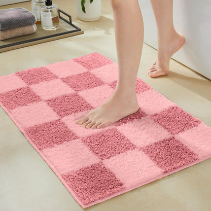 Ohocut Luxury Microfiber Checkered Bathroom Rugs, Checkerboard Bath Mat Girls Cute Aesthetic Preppy Bath Decor for Bathroom, Tub, Sink, Shower, Anti Slip, Absorbent, Washable, Coral, 32x20