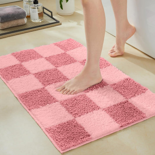 Ohocut Luxury Microfiber Checkered Bathroom Rugs, Checkerboard Bath Mat Girls Cute Aesthetic Preppy Bath Decor for Bathroom, Tub, Sink, Shower, Anti Slip, Absorbent, Washable, Coral, 32x20