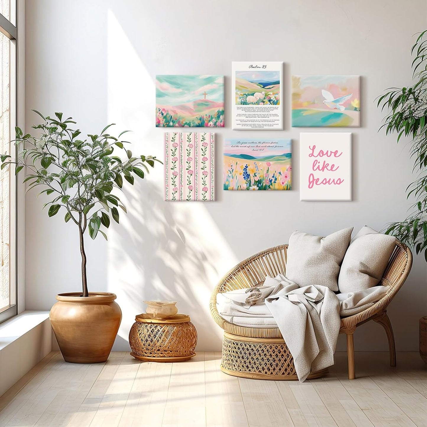Pastel Pink Christian Wall Art Bible Verse Preppy Canvas Wall Decor Girl Trendy Christian Poster Aesthetic Floral Scripture Prints Cute Religious Pictures for Girls Room 12x16 Inch Ready to Hang 6Pcs