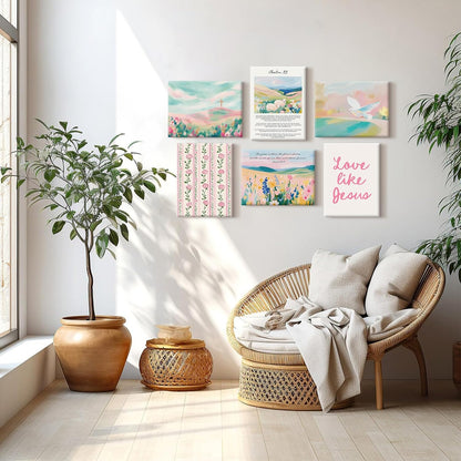Pastel Pink Christian Wall Art Bible Verse Preppy Canvas Wall Decor Girl Trendy Christian Poster Aesthetic Floral Scripture Prints Cute Religious Pictures for Girls Room 12x16 Inch Ready to Hang 6Pcs