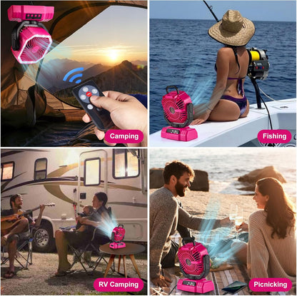 Odoland Portable Camping Fan with LED Lantern, 20000mAh Rechargeable Battery Powered Fan with Auto Oscillation, Timer, Remote, 360° Rotation Hook, 4 Speeds for Power Outage Travel Home, Pink