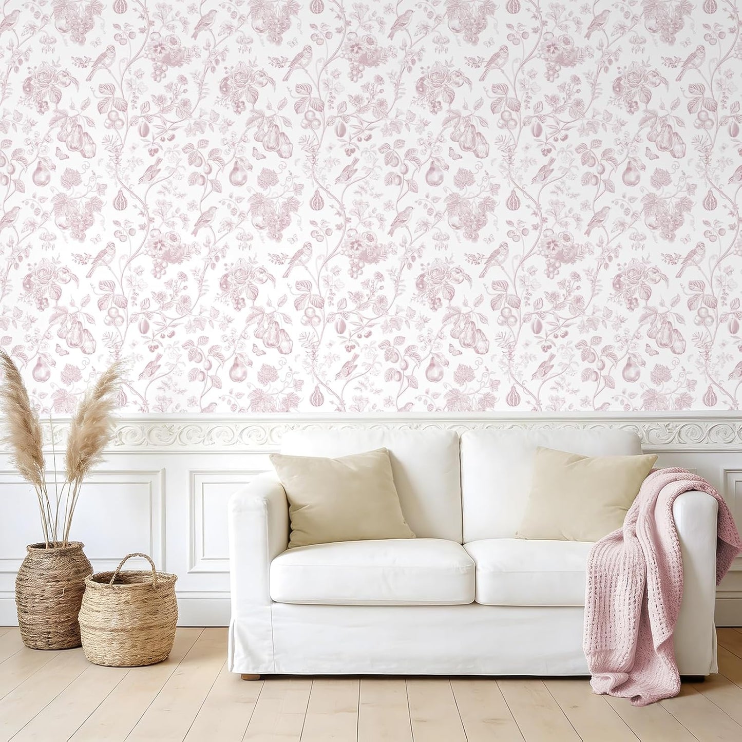 VEELIKE Blush Pink Toile Wallpaper Peel and Stick Floral Wallpaper with Birds Fruits 17.7''x118'' Self Adhesive Contact Paper Removable Chinoiserie Wall Paper for Girls Bedroom Nursery Powder Room
