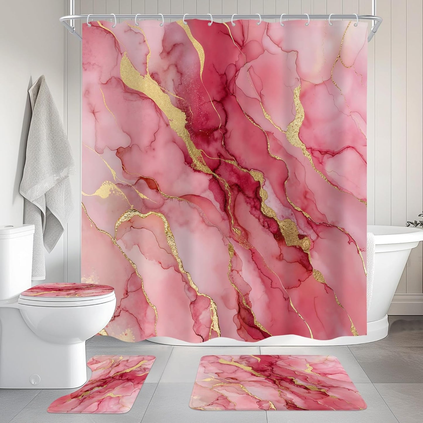 4Pcs Pink Gold Marble Shower Curtain Set, Abstract Modern Cracked Lines Luxury Minimalist Girly Bathroom Curtain with Rug, Toilet Lid Cover, Bath Mat, Aesthetic Shower Curtain with 12 Hooks