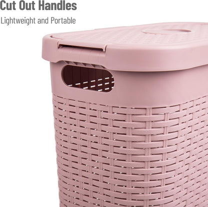 Mind Reader Slim Laundry Hamper with Lid, 40L Clothes Basket, Narrow Tapered Design with Ventilated Cutout Pattern, Plastic, Pink