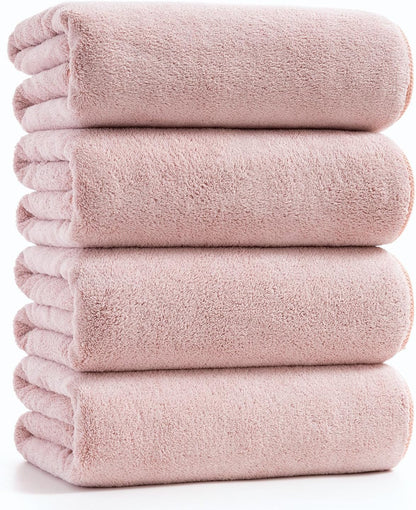 sakano 4-Piece Bath Towel Set,Quick-Dry Absorbent Lint Free & Launder Soft Coral Velvet Microfiber Towels for Bathing, Fitness, Spa, and Guest Use -Pink, 28 x 55 inches