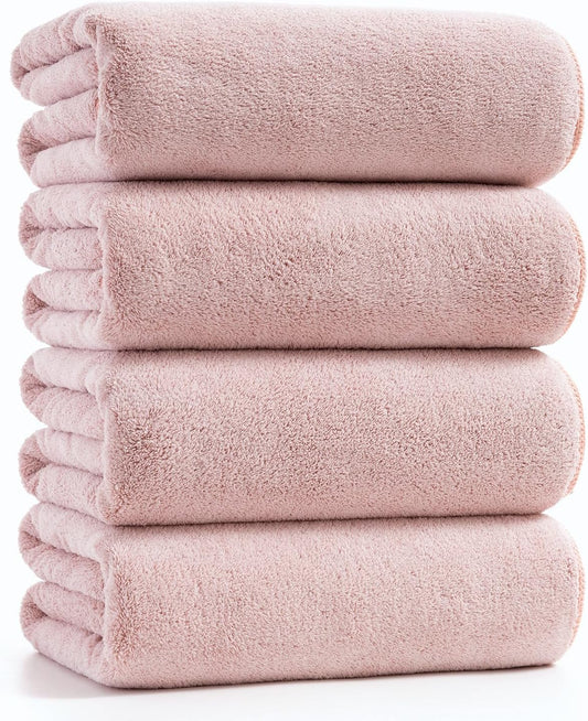 sakano 4-Piece Bath Towel Set,Quick-Dry Absorbent Lint Free & Launder Soft Coral Velvet Microfiber Towels for Bathing, Fitness, Spa, and Guest Use -Pink, 28 x 55 inches