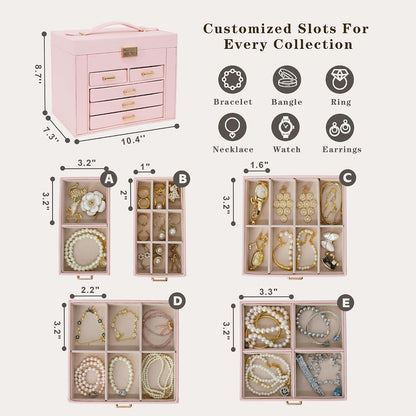 Jewelry Box with Travel Case, PU Leather 5-Layer Jewelry Organizer with Mirror & Lock, Velvet Lining Jewelry Storage for Women, Dresser Top Portable Jewelry Case, Gift for Women (Pink)