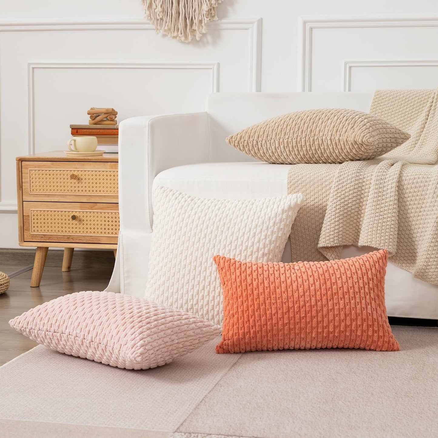 Kevin Textile Valentines Day 12x20 Inch Pillow Cover 1 Pack Boho Decorative Soft Striped Corduroy Lumbar Farmhouse Accent Rectangle Cushion Case for Living Room Couch Sofa Bed, Light Pink