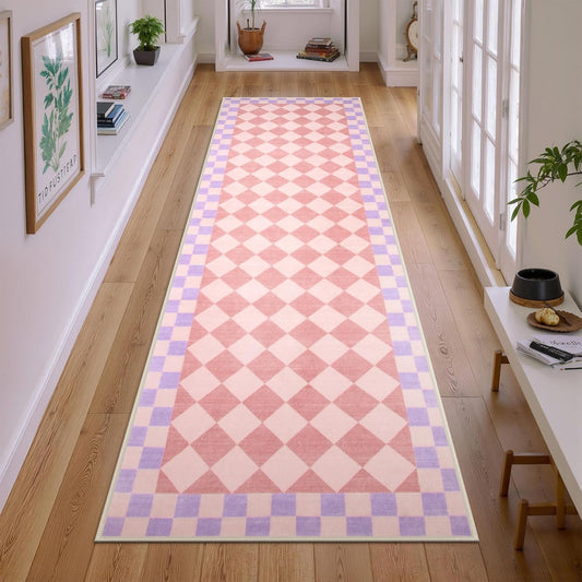 Morebes Pink Checkered Rug Runner for Hallways, 2x7 Washable Rug for Bedroom Non Slip Bath Mat, Soft Low Pile Checkerboard Indoor Carpet for Nursery Kids Room Playroom