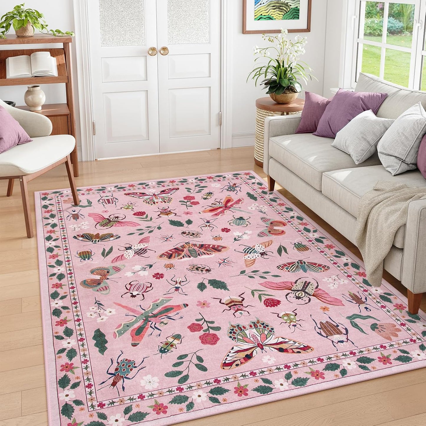 Lahome Insect Machine Washable Rugs 5x7, Soft Modern Pink Rugs for Bedroom Girls Living Room, Non Slip Ultra-Thin Stain Resistant Accent Carpet for Dining Room Nursery Vionnet(5'x7',Pink)