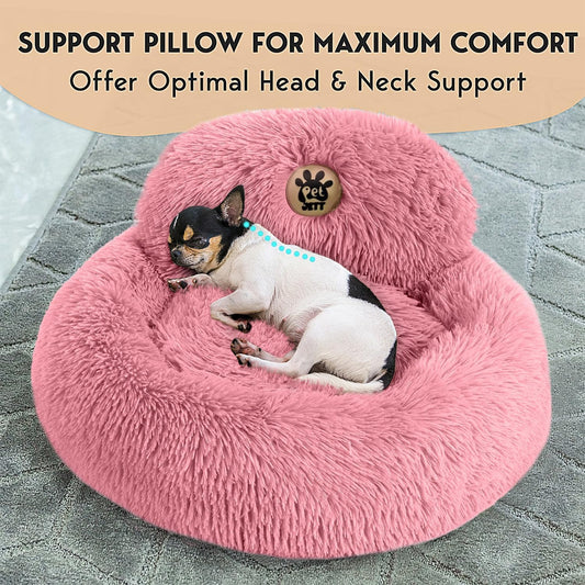 PetJett Calming Dog Bed for Small Dogs – 23" Donut Dog Beds, Anti-Slip & Washable Fluffy Plush Faux Fur Pet Bed, Anti-Anxiety Premium Comfort Round Puppy Bed, Fits Dogs up to 25 lbs – Pink