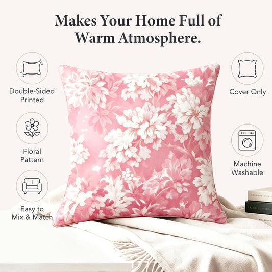 Floral Throw Pillow Covers 18x18 Inch Set of 2, Vintage Farmhouse Decorative Pillow Covers, Double-Sided Floral Print with Hidden Zipper for Couch Sofa Living Room Indoor Outdoor - Blush Pink