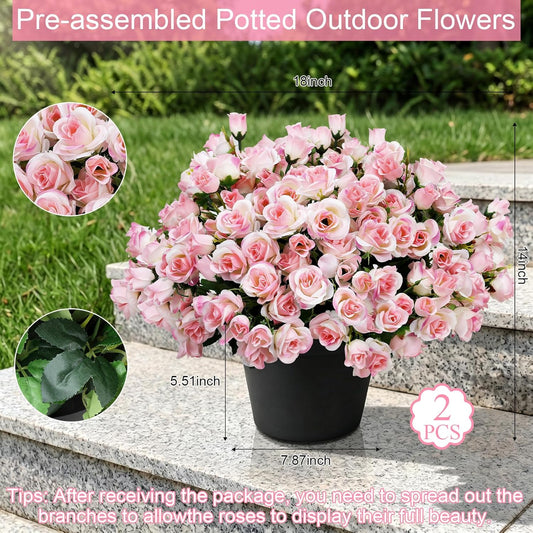 Artificial Potted Flowers for Outdoors, Set of 2 Pre-Made Faux Silk Roses in Pots Realistic UV Resistant Potted Plants for Front Doors Porches Patios Paths Home Decor - Pink