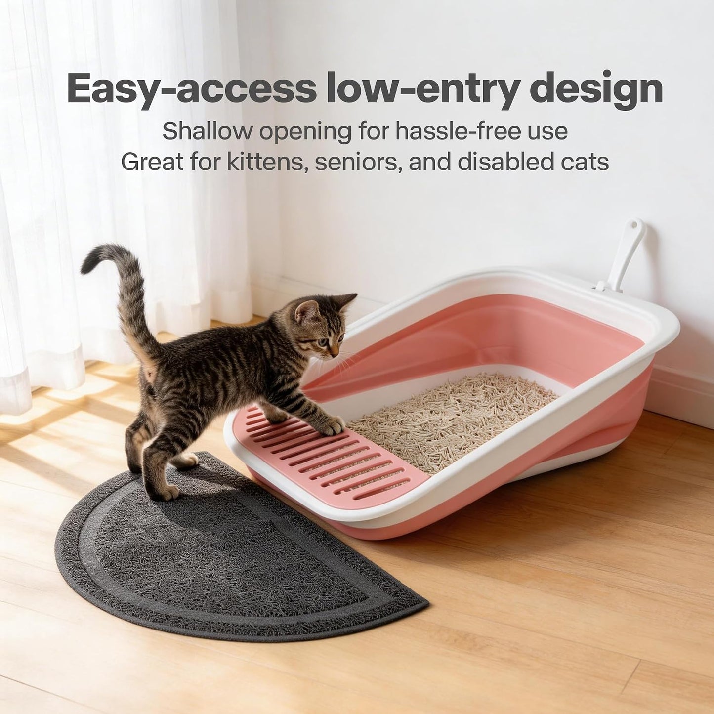 Pawise Foldable Cat Litter Box, Low Entry Collapsible Cat Litter Box with Scoop, Travel Pet Potty Pan & Anti-Splash Toilet for Kittens, Senior Cats & Disabled Cats (with Cat Teaser & Litter Mat，Pink)