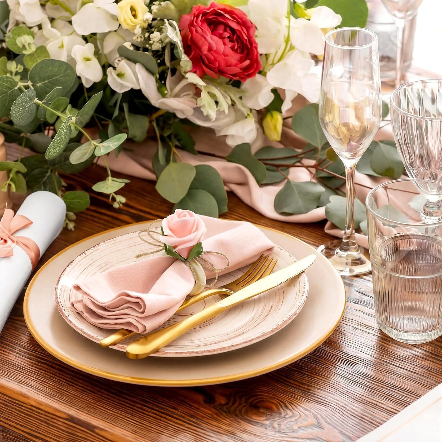 Flower Napkin Rings Set of 12 Wooden Pink Rose Handmade Napkin Holders for Wedding Mother's Day Birthday Dinner luncheons Picnics Banquet