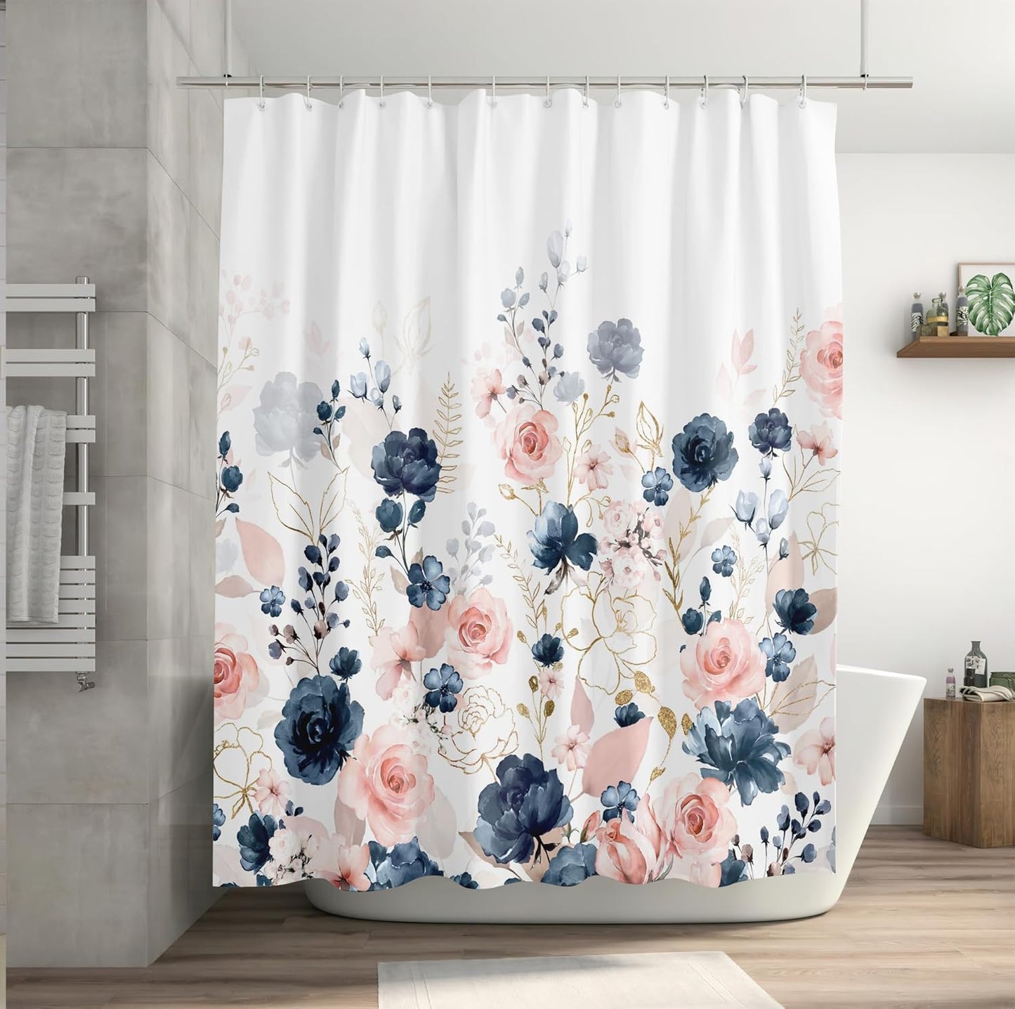 Navy Blue and Pink Floral Shower Curtain, Waterproof Fabric Watercolor Flowers Bathroom Shower Curtain with 12 Hooks, 72 x 72 Inch