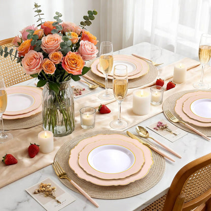WDF 30Guest Pink Plates Disposable - Hign-end Baroque Design - Gold Plastic Silverware with Handle-Baroque Pink &Gold Plastic Dinnerware for Baby Shower/Wedding/Birthday/Party