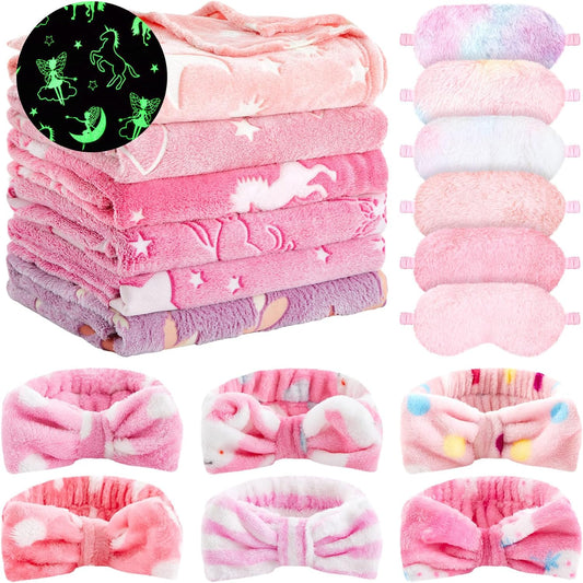 Fanfanwin 18 Pcs Sleepover Party Supplies for Girls, 6 Glow in The Dark Unicorn Blanket 6 Coral Fleece Headband 6 Plush Eye Mask Covers for Sleeping Slumber Sleepover Spa Party Gift(Classic)