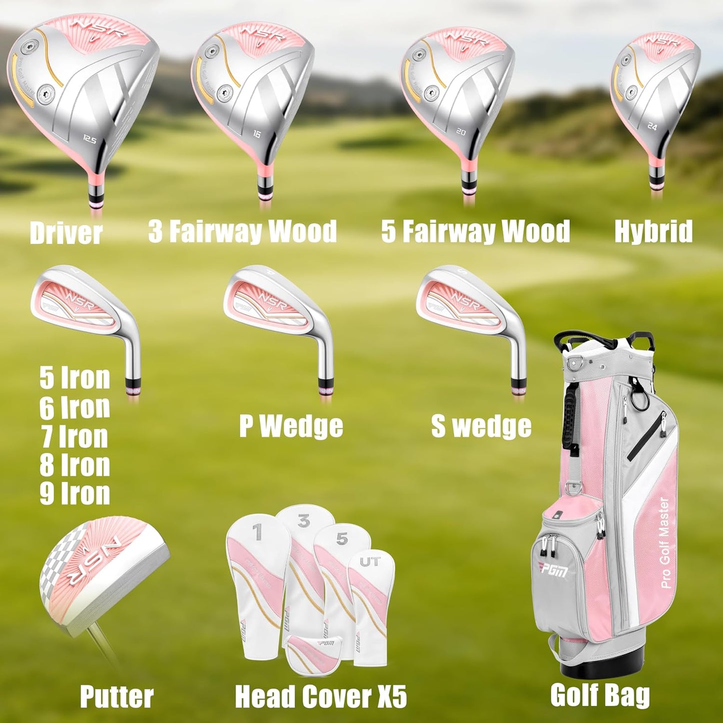 PGM 18 Piece Women's Golf Clubs Full Set for Right Handed, Complete Golf Set for Beginner to Intermediate Golfers with Driver, Woods, Hybrid, Irons, P/S Wedges, Putter, Headcovers and Stand Bag