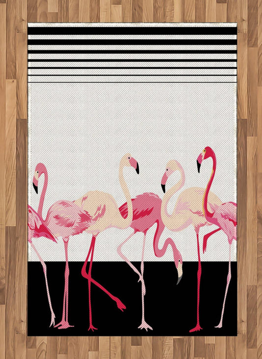 Lunarable Retro Area Rug, Flamingo Birds on Background Stripes Modern Cartoon Illustration Graphic, Flat Woven Accent Rug for Living Room Bedroom Dining Room, 4' X 5' 7", Black Pink Pale Peach