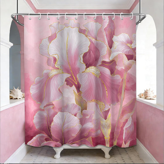 Spring Pink Gold Floral Shower Curtain Iris Light Pink Abstract Watercolor Flower Shower Curtains for Bathroom Decor, Waterproof Cloth Fabric with Hooks 70" Wx72 L