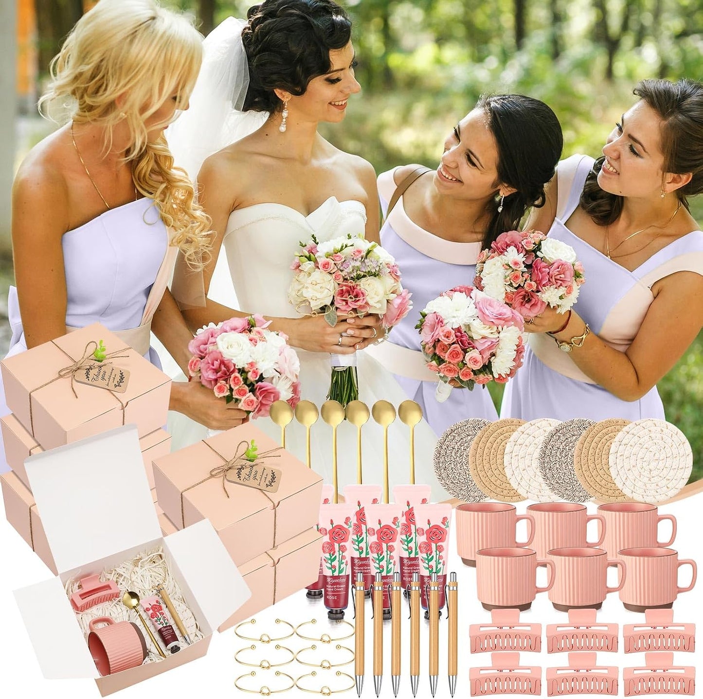 Reallnaive 61 Pcs Baby Shower Prizes for Game Winners Include Ceramic Mug Coaster Hand Cream Pen Spoon Bracelet Hair Clip Card Gift Box with Raffia for Guests Gender Reveal Bridal Shower Party(Pink)