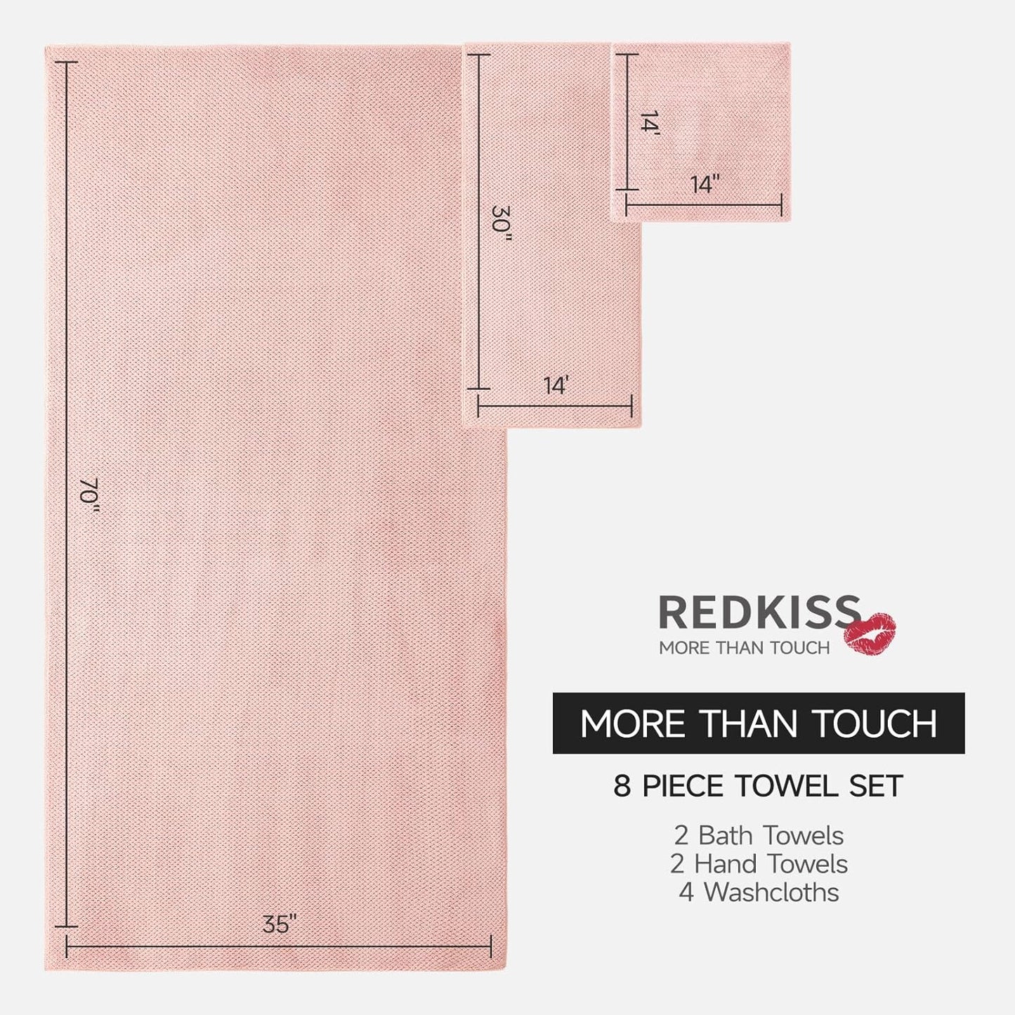 REDKISS Pink Towel Set of 8 - Ultra Soft Microfiber, Contains 2 Large Bath 35x70, 2 Hand 14x30, 4 Washcloths 14x14, Highly Absorbent, Quick Dry, Ideal for Everyday use, Hotel & Spa, Pink