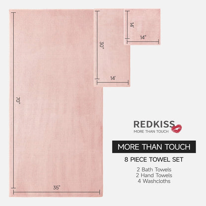 REDKISS Pink Towel Set of 8 - Ultra Soft Microfiber, Contains 2 Large Bath 35x70, 2 Hand 14x30, 4 Washcloths 14x14, Highly Absorbent, Quick Dry, Ideal for Everyday use, Hotel & Spa, Pink