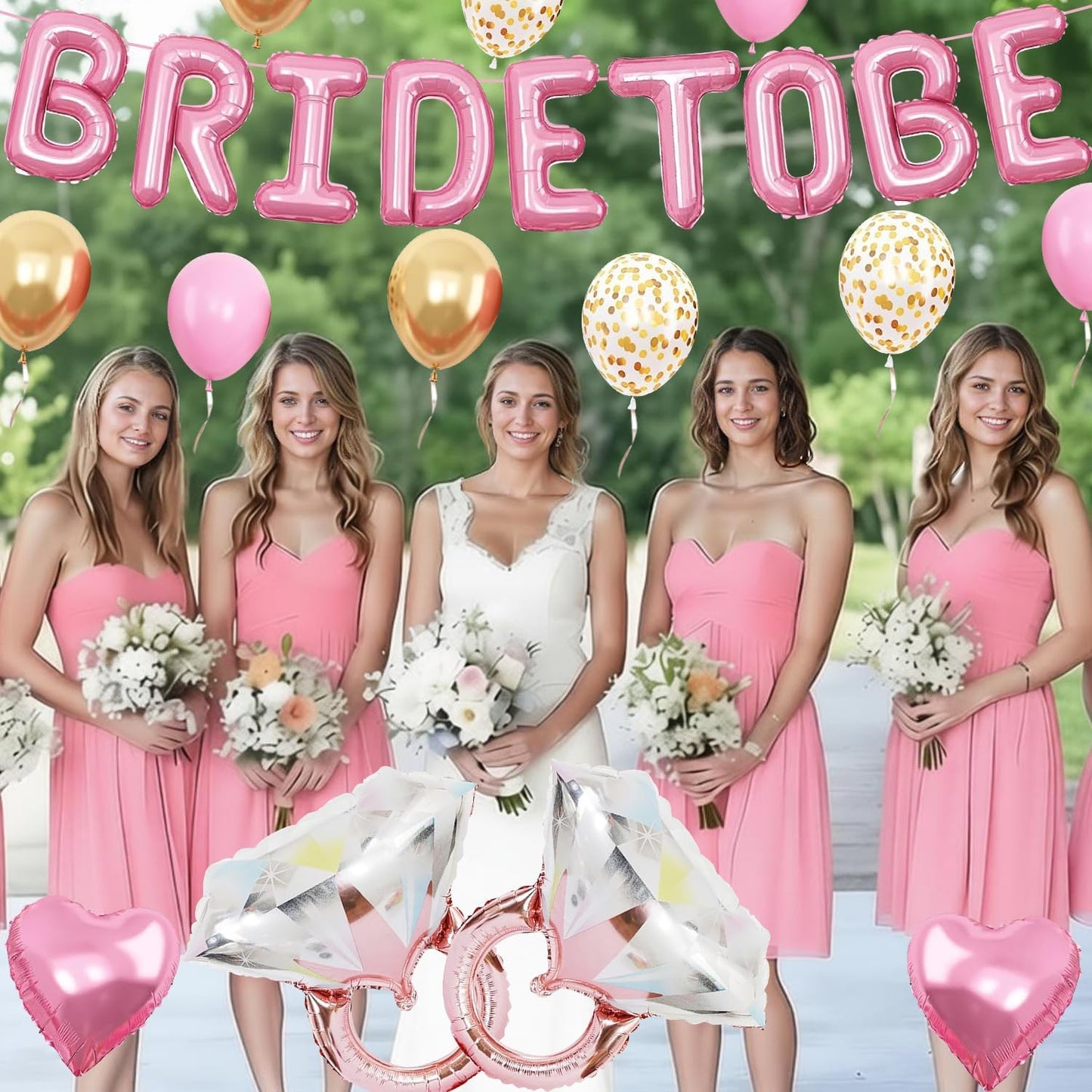 Pensar 30Pcs Bachelorette Party Decorations, Bride-to-Be Banner Balloon, Pink Gold and Confetti Balloons with Diamond Ring Pink Heart Balloons for Bridal Shower Decorations