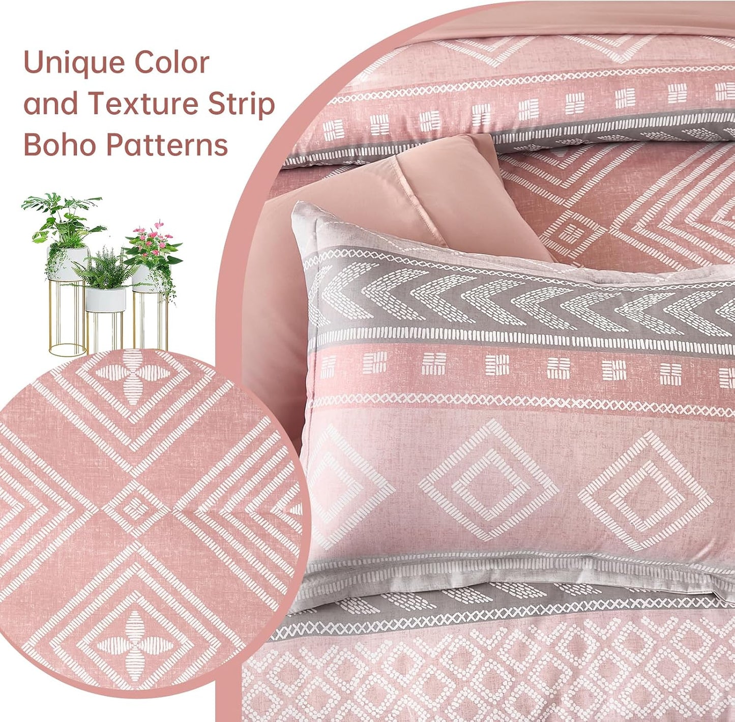 Yiran Comforter Set Queen Size, 7 Pieces Boho Aztec Bed in a Bag, Blush Pink Southwestern Bedding Sets for All Seasons, Lightweight Comforter Bed Set with Sheets, Pillowcases & Shams