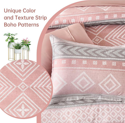Yiran Comforter Set Queen Size, 7 Pieces Boho Aztec Bed in a Bag, Blush Pink Southwestern Bedding Sets for All Seasons, Lightweight Comforter Bed Set with Sheets, Pillowcases & Shams