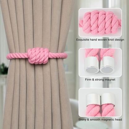 NICEEC 2 Pack Natural Cotton Rope Magnetic Curtain Tiebacks Boho Simple Style Drape Tie Backs Elegant Hand Weave Rope Knot Decorative Curtain Holdbacks for Home & Office Window Drapery (Pink)