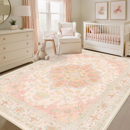 CAPALOCA Machine Washable Rugs Nursery Rug 5x7 Cute Girl Non Slip Low Pile Water Repellent Soft Print Pattern for Bedroom Indoor Decor Kids Playroom Pink Green