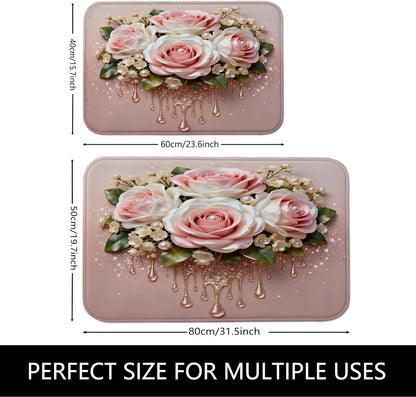 Rose Floral Quick Dry Bath Mat, Elegant Peach Flowers Decorative Non Slip Shower Mat, Spring Flowering Washable Bath Rugs for Bathroom Toilet Restroom 16x24 Inch