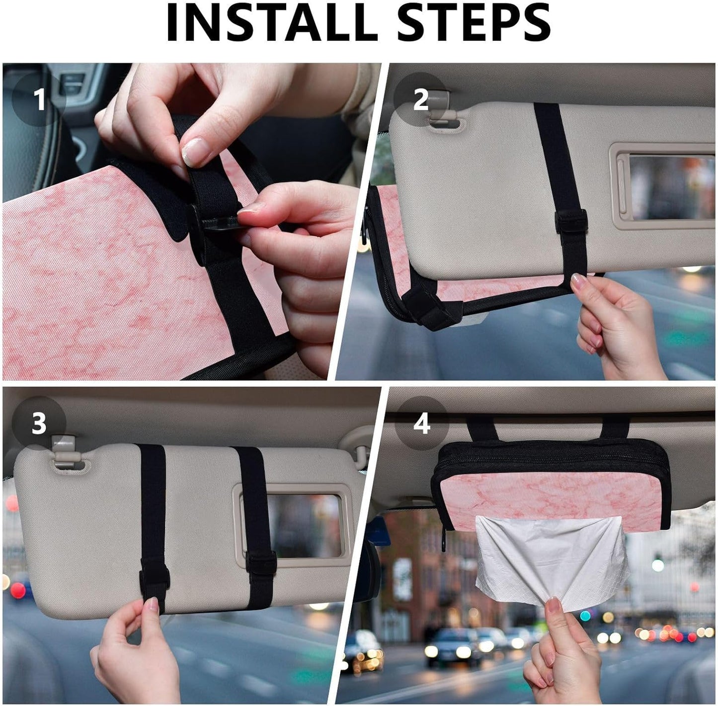 Car Tissue Holder Car Napkin Holder Car Tissue Box Dispenser Storage Case Sun Visor Mask Holder with Adjustable Straps Reusable Refillable Marble Pink