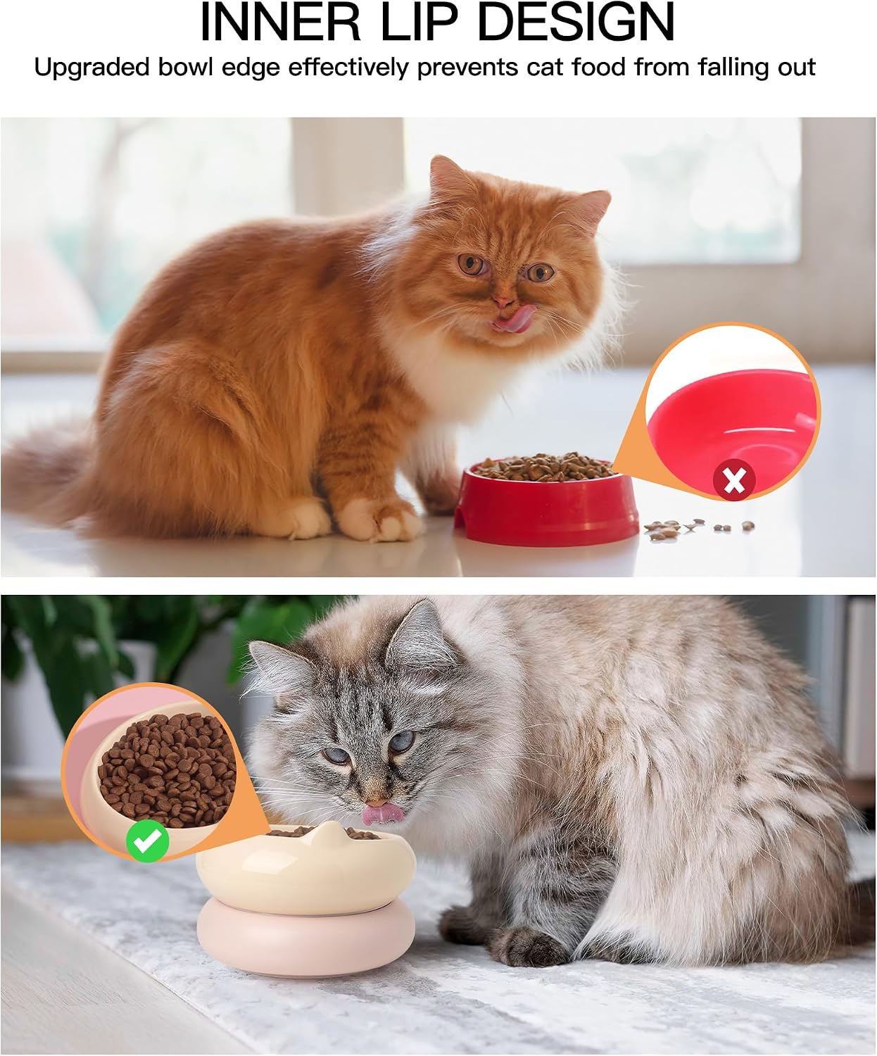 Cat Bowls, Ceramic Cat Bowls Food and Water Bowl Set, Whisker Friendly Cute Kitten Food Bowls for Protecting Pet's Spine, Perfect for Dry & Wet Food, Pink & Beige