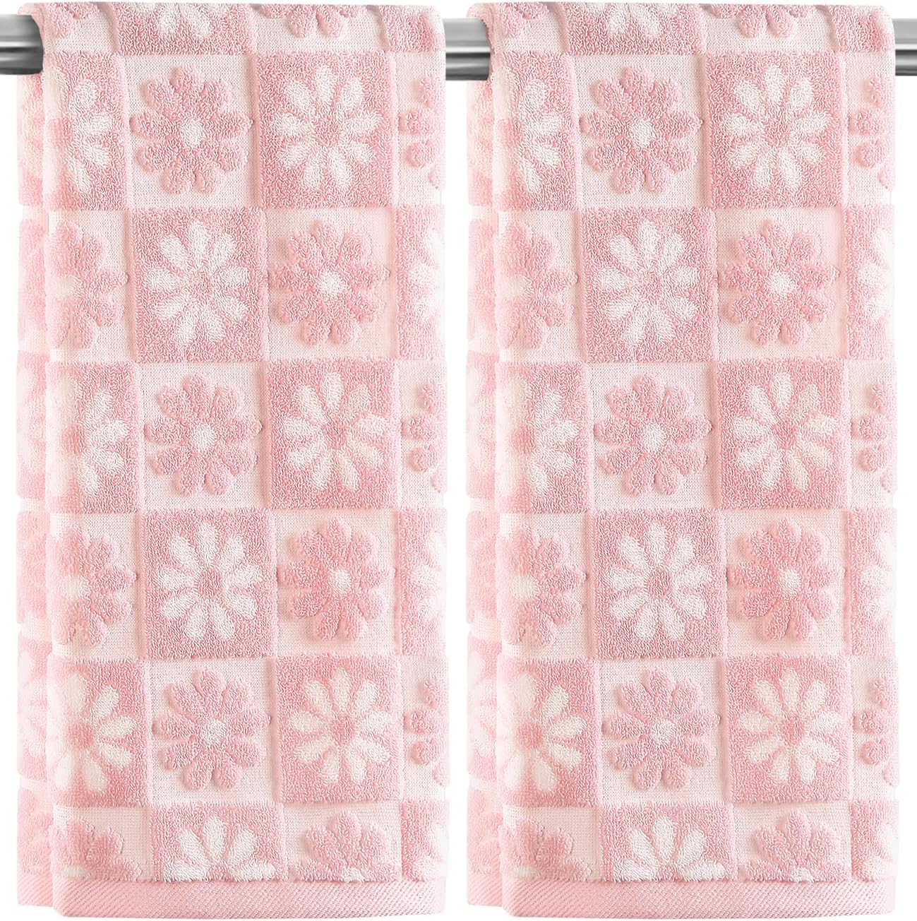 Quera Hand Towels Pink Daisy Checkered Cute for Bathroom Bath Kitchen | 2 Pack Cotton Spring Summer Floral Decorative Towels Set for Bath Kitchen Gift Guest Use 13.7'' x 29.5''