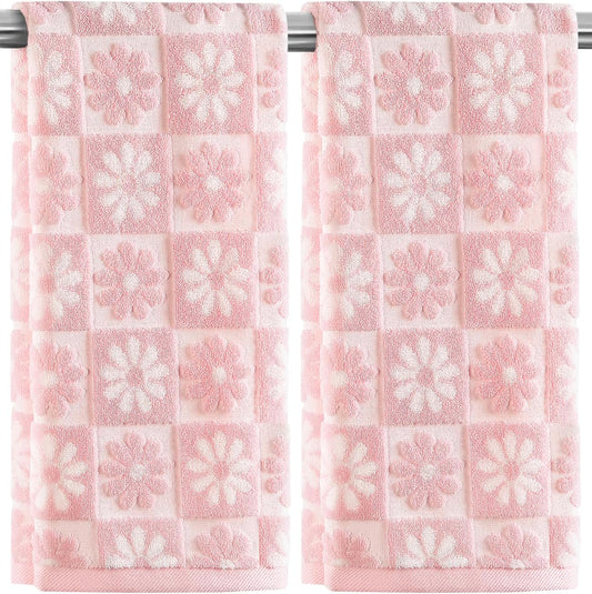 Quera Hand Towels Pink Daisy Checkered Cute for Bathroom Bath Kitchen | 2 Pack Cotton Spring Summer Floral Decorative Towels Set for Bath Kitchen Gift Guest Use 13.7'' x 29.5''