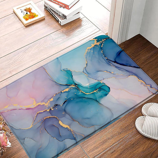 Teal Pink Marble Bath Mat Modern Abstract Blue Marble Texture Gold Stripes Elegant Bathroom Decor Rug Doormat Toilet Floor Rug,17.8x29.5 Inch