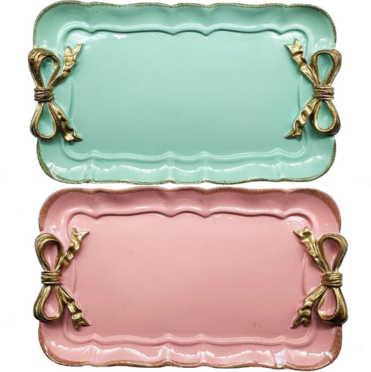 Cayway 2 PCS Vintage Resin Tray, Vintage Decorative Tray, Bow-Knot Resin Dish Plate for Towel Tray, Fruit Trays Rings Bracelets Earrings Holder, Green and Pink