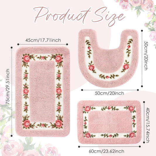 Drydiet 3 Pcs Rose Flowers Bathroom Rugs Set Coquette Room Decor Floral Carpet for Bathroom Bedroom Living Room, Floral Bath Mat Non Skid Romantic Rose Flower Area Rugs 3 Shapes(Pink,Small)
