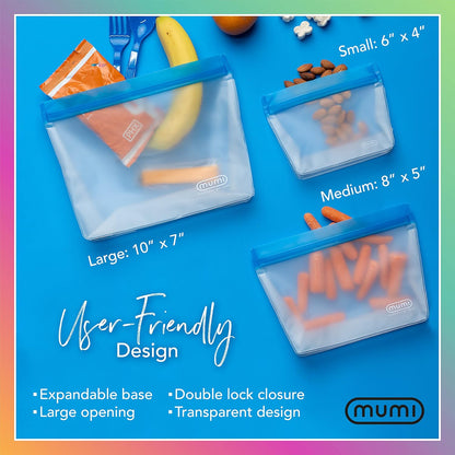 MUMI Piccolo Reusable Zip Up Bags – Set of 3 Silicone Ziplock Bag | Reusable Ziploc Bags for Food Storage, Freezer, & Snacks | BPA-Free Airtight Silicone Storage Bag for Travel & Meal Prep - Pink