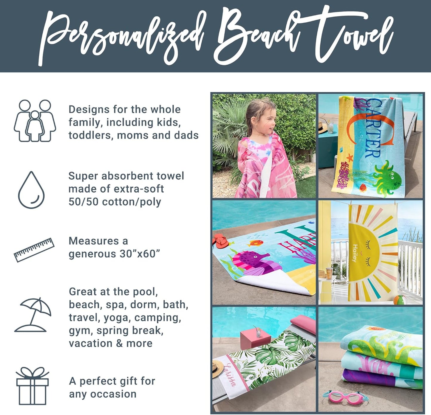 Let's Make Memories Personalized Beach Towel - Towel for Pool Vacation Spring Break Camp Cruise - 30" Wx60 L - Standard Size - Pastel Rainbow - Pink