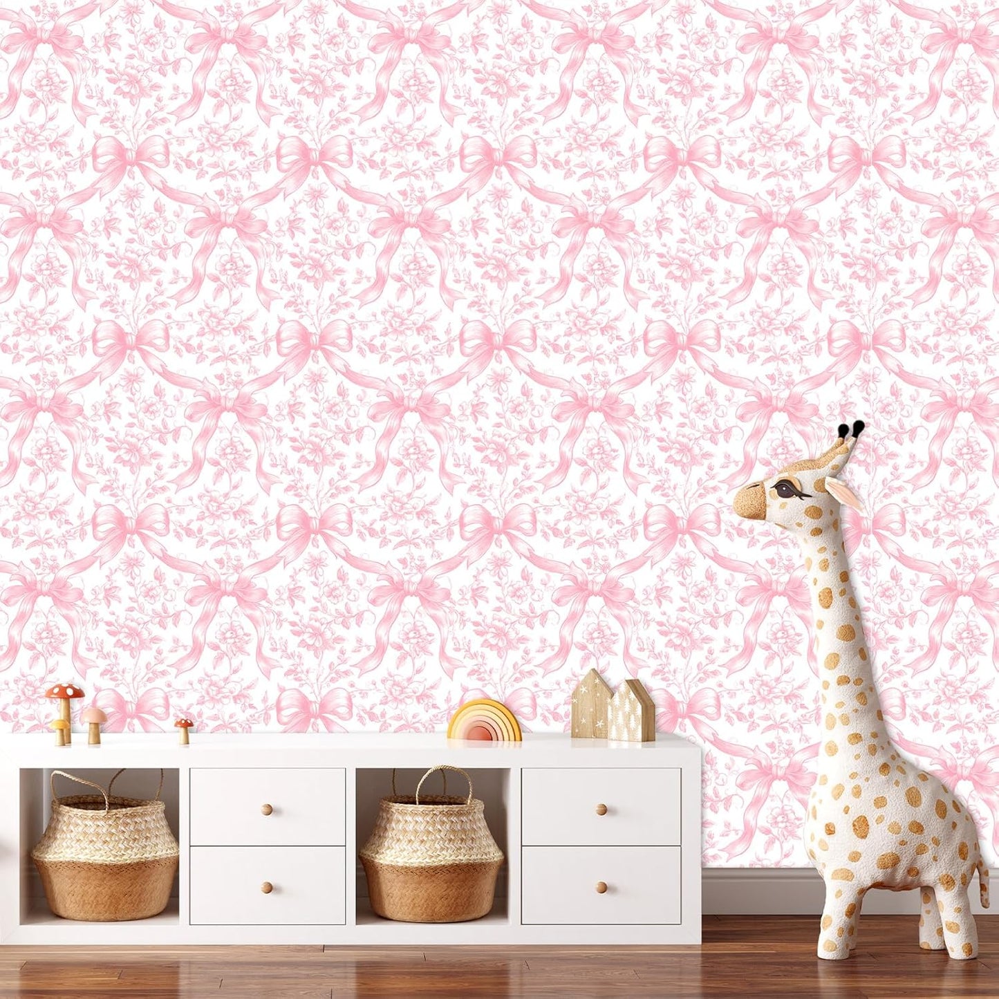FYSUIMU Pink Bow Floral Peel and Stick Wallpaper Roll Coquette Pink Bowknot Flower Self-Adhesive Contact Paper Wall Decoration for Home Bedroom Bathroom Laundry Room, 17 in x 10 Ft