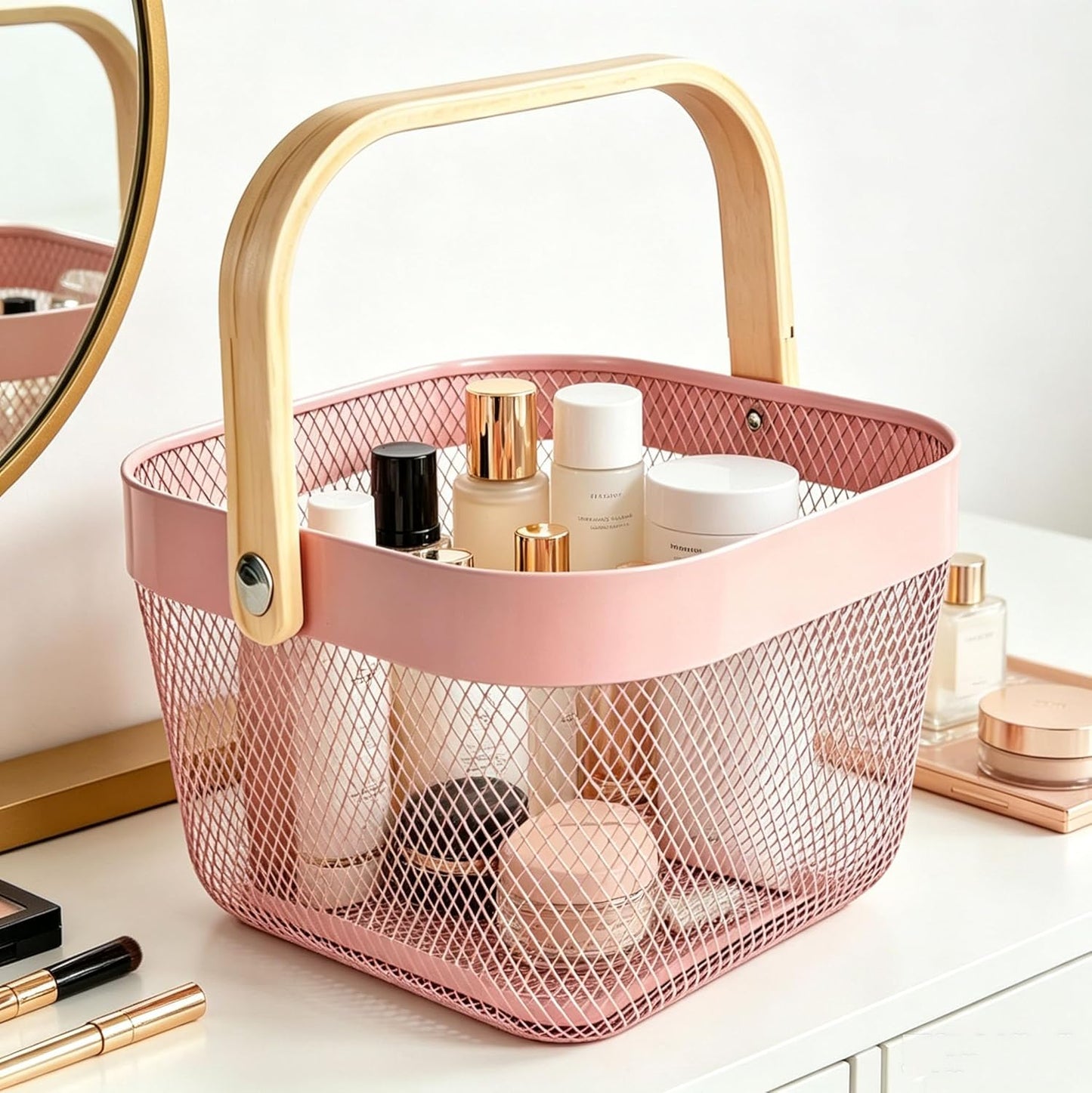 AJIODA Metal Mesh Wire Basket, Small Steel Basket with Wooden Handle Storage Organizer Basket Multi-functional Hanging Kitchen Baskets Fruit Baskets for Kitchen Bathroom Cabinet Pantry, Rose Pink