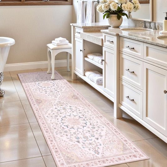 Moynesa Washable 2x6 Pink Hallway Runner Rug, Cute Girl Floral Print Runner for Home Decor, Foldable Low Pile Soft Non-Slip Floor Mat for Kids Playroom Nursery Entryway Kitchen