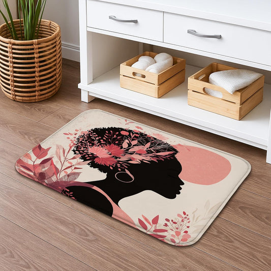 Floral Silhouette Quick Dry Bath Mat, Elegant Peach Flowers Artistic Non Slip Shower Mat, Spring Decorative Flannel Washable Bath Rugs for Bathroom Toilet Restroom 20x32 Inch