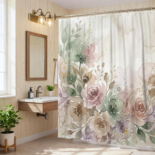 Rose Shower Curtain, Floral Watercolor Leaf Gold Spring Pastel Peach Polyester Waterproof Design Print Bath Curtains for Home Bathroom Toile Hotel Decor 72x72 Inch
